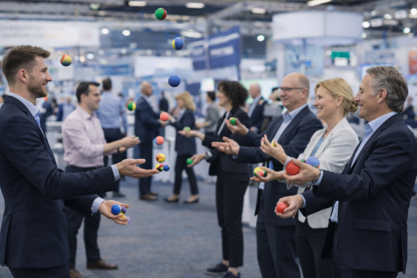 Konferenzteilnehmer üben jonglieren